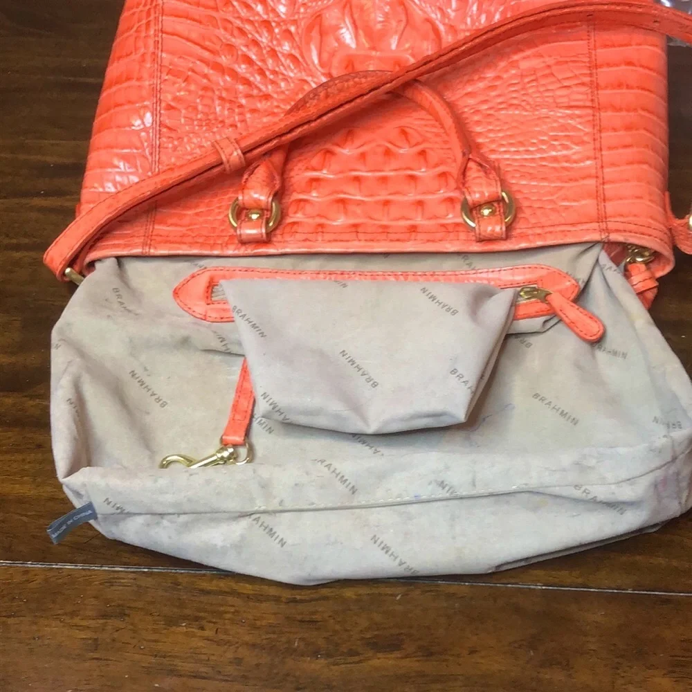 BRAHMIN Croc Embossed Leather Rolled Top Handle Tangerine Satchel Shoulder Bag